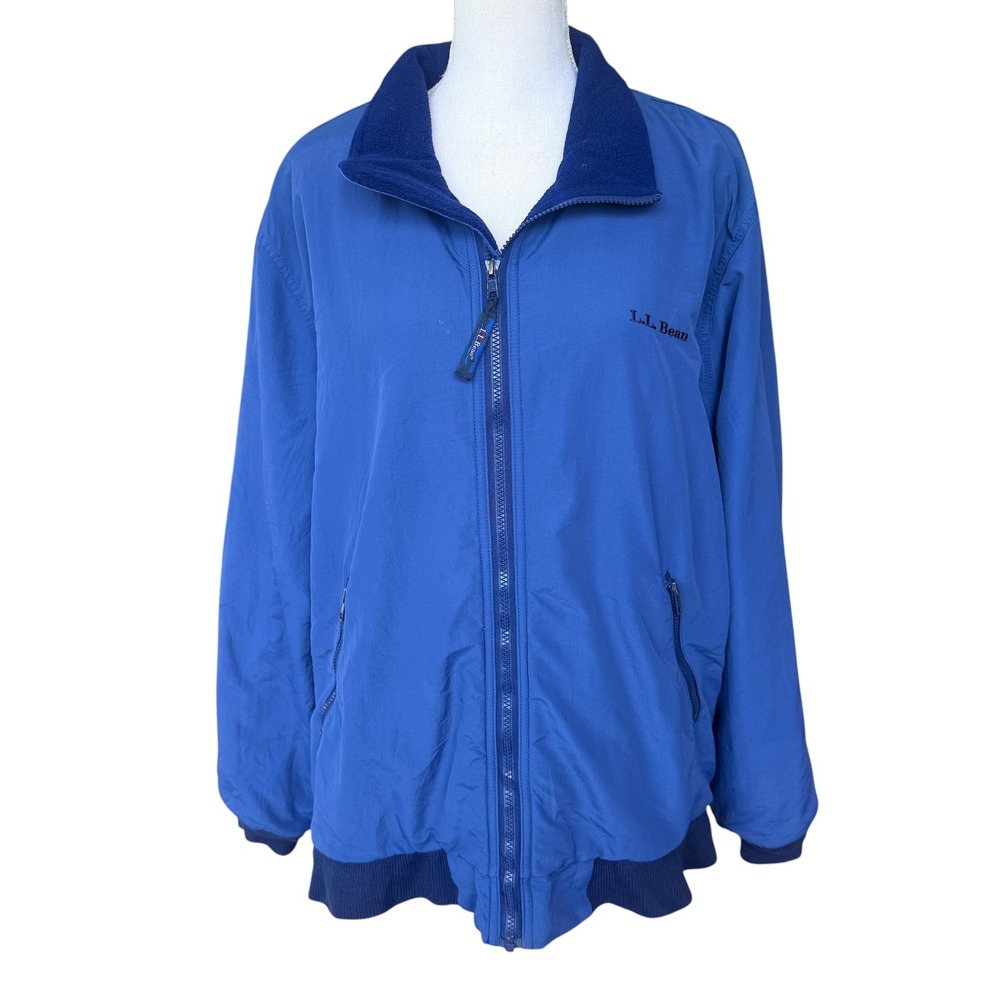 LL Bean Warm-Up Jacket Mens XL Blue Fleece Lined Nylon Bomber‎ Windbreaker Zip